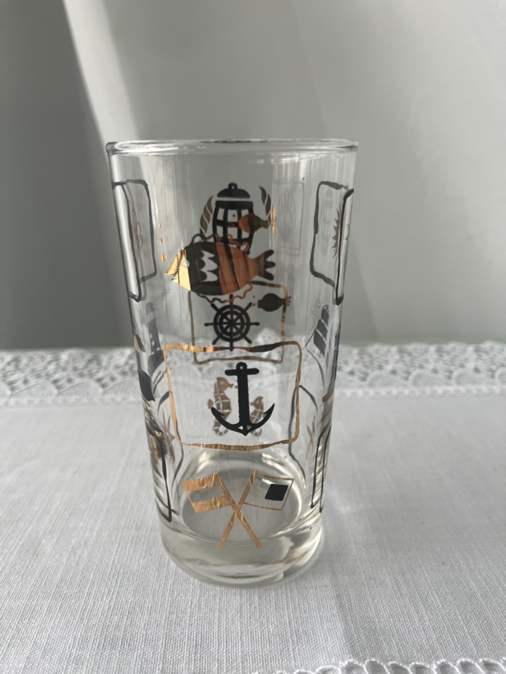 Set of 2 Vintage MCM Dominion Glass Nautical Highball Glass - Black & Gold
